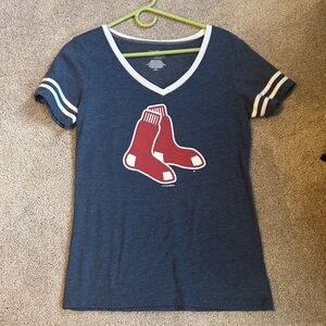 Blue V-Neck T-Shirt with Red Socks Logo